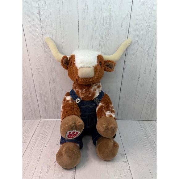 Build a Bear Longhorn Cow Cattle Orange White Denim Overalls Stuffed Animal - Picture 1 of 11